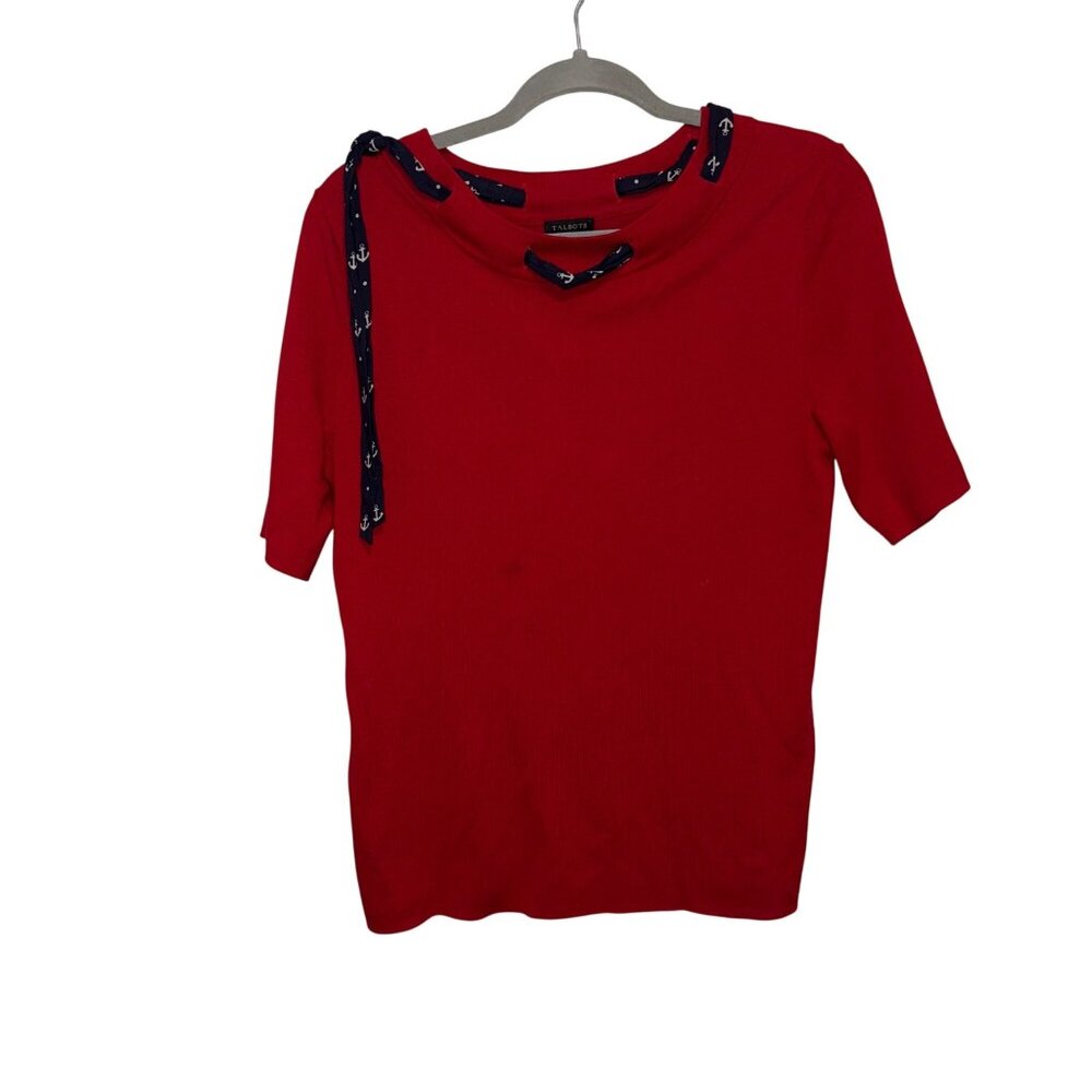 Talbots Red Short-Sleeve Knit Top With Navy Anchor Tie Neck Detail Size M